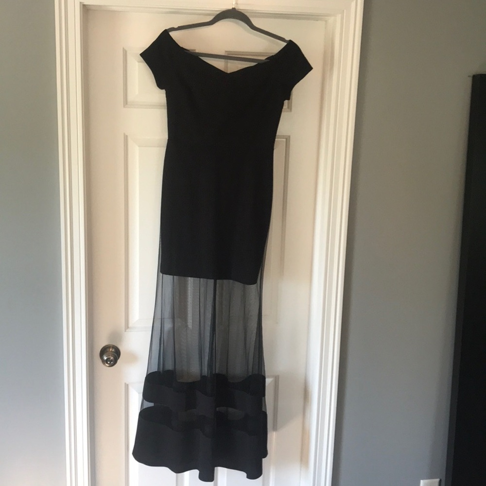 Black off the shoulder maxi dress with mesh detail